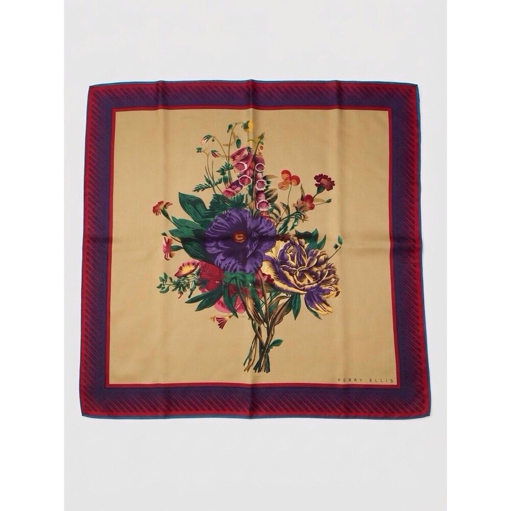 Vintage Perry Ellis Silk Scarf Floral Bouquet Tan Purple Red Square Neck Scarf